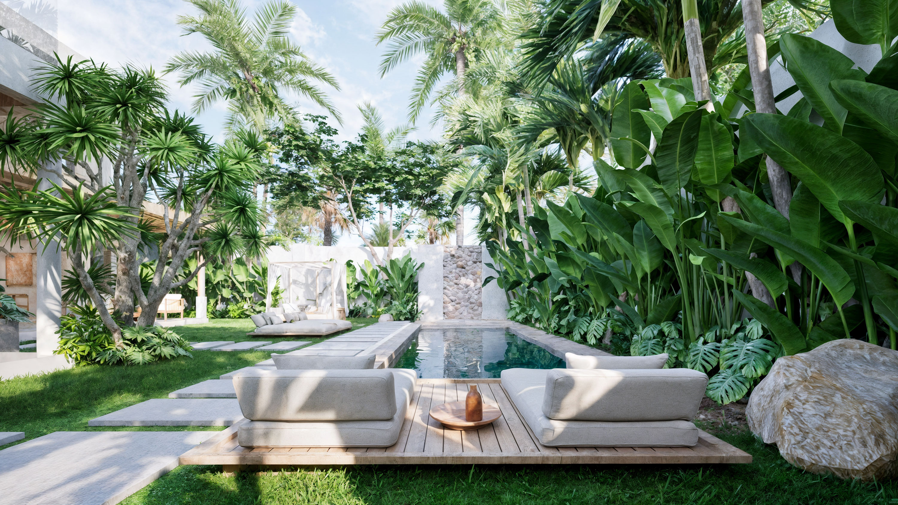 Pool seating platform in tropical garden
